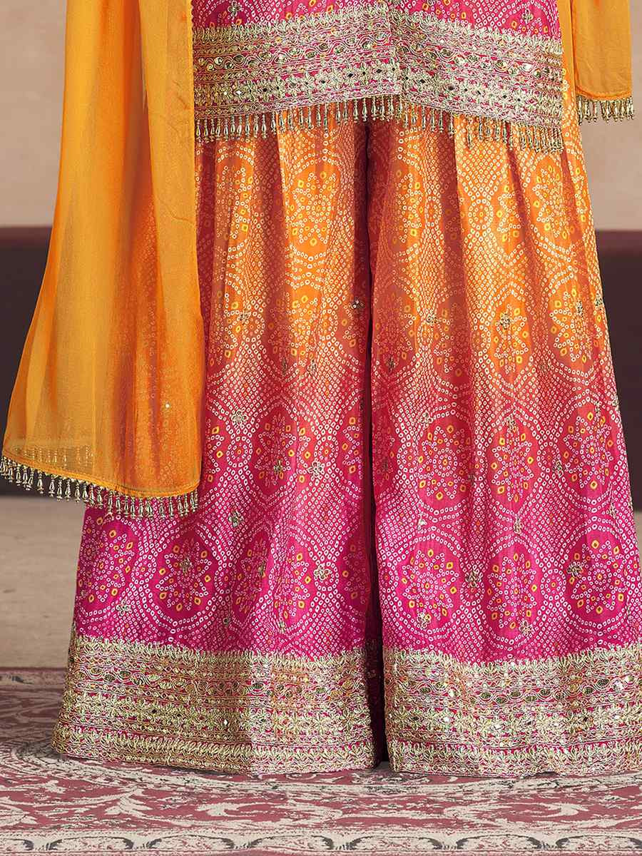Orange Premium Feel Chinnon Bhandej Print Embroidery Party Wedding Festival Casual Ready Palazzo Pant Salwar Kameez