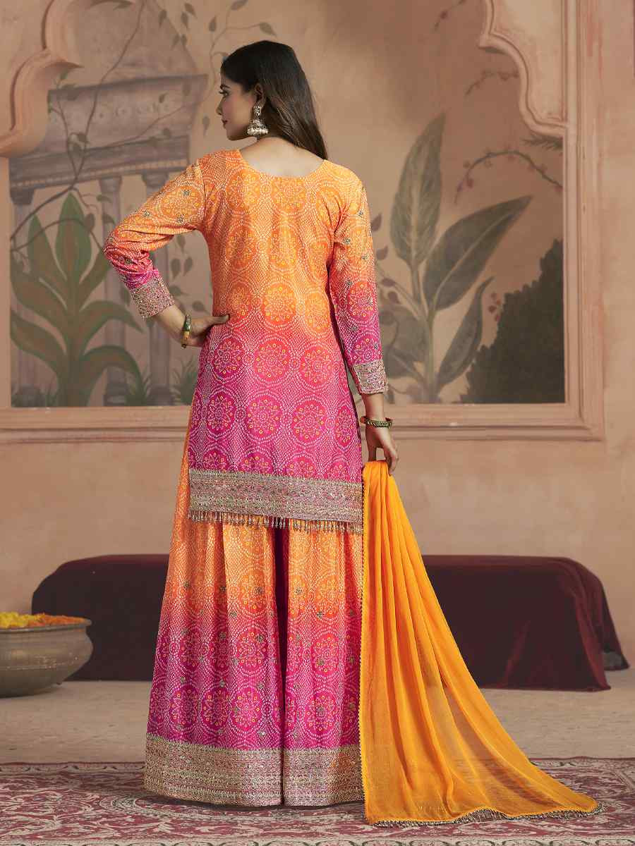Orange Premium Feel Chinnon Bhandej Print Embroidery Party Wedding Festival Casual Ready Palazzo Pant Salwar Kameez