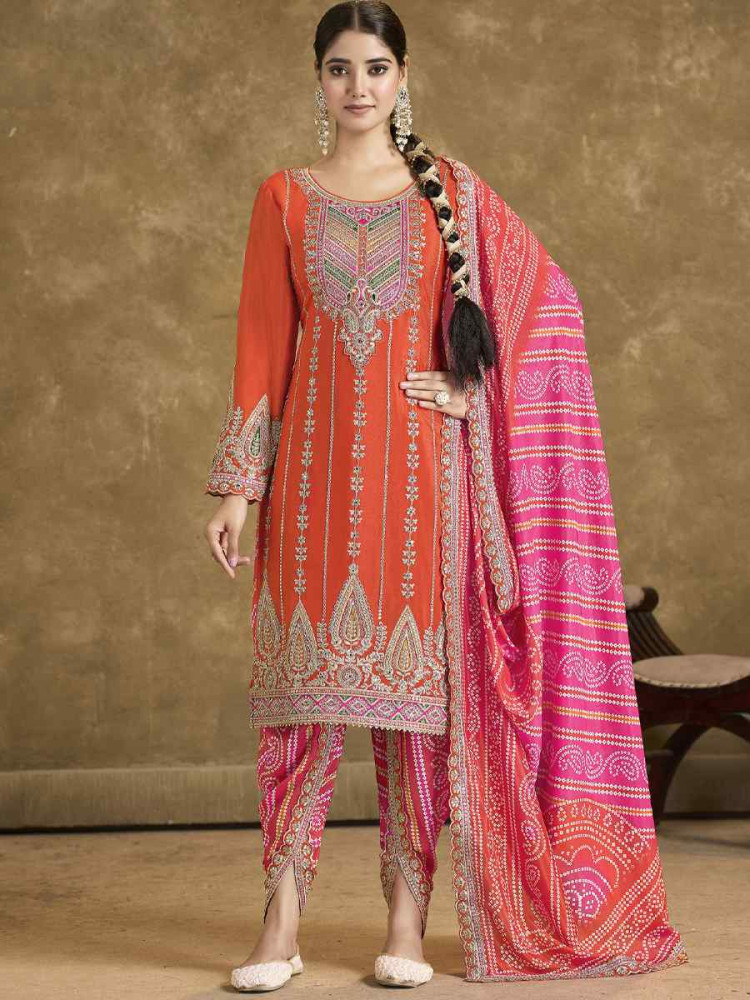 Image of Orange Premium Fiber Chinnon Embroidery Party Wedding Festival Casual Ready Cape Style Salwar Kameez