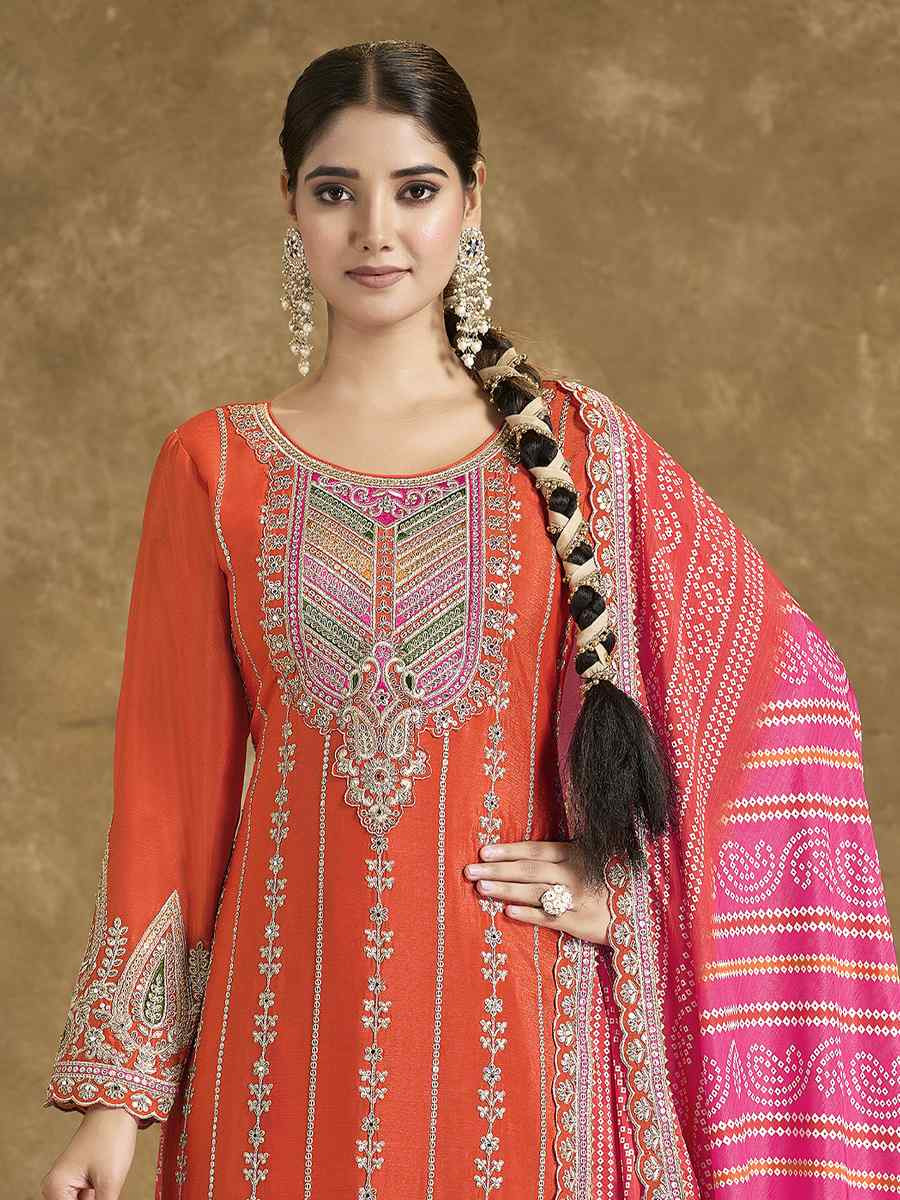 Orange Premium Fiber Chinnon Embroidery Party Wedding Festival Casual Ready Cape Style Salwar Kameez