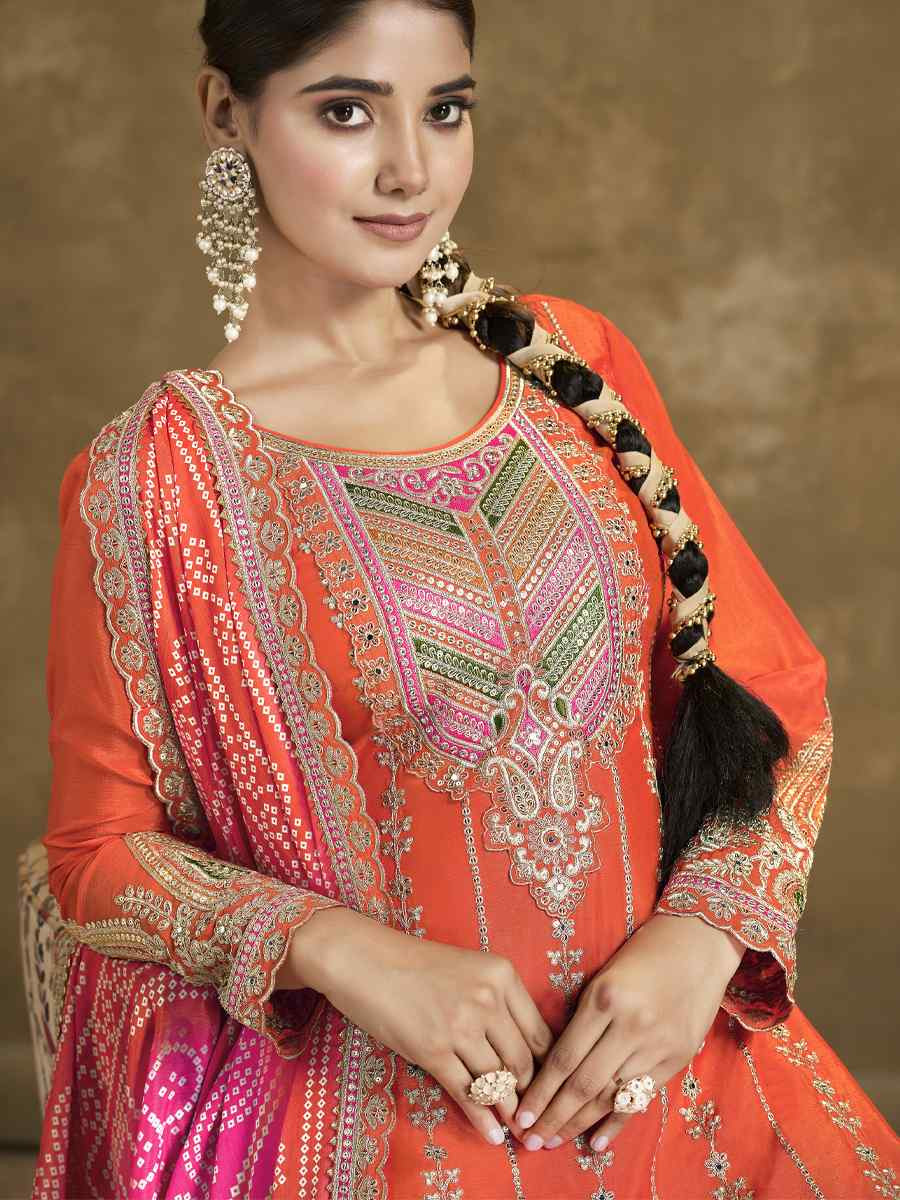 Orange Premium Fiber Chinnon Embroidery Party Wedding Festival Casual Ready Cape Style Salwar Kameez