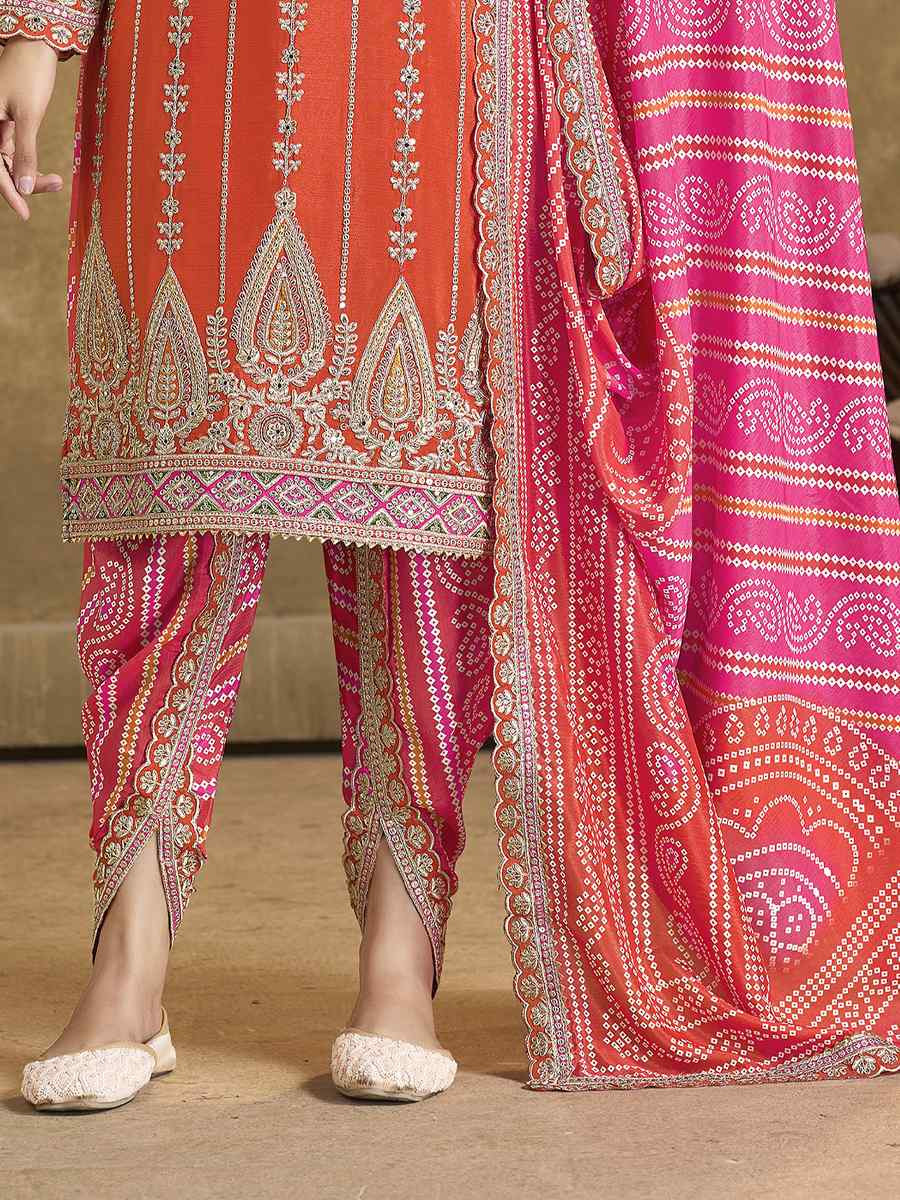 Orange Premium Fiber Chinnon Embroidery Party Wedding Festival Casual Ready Cape Style Salwar Kameez