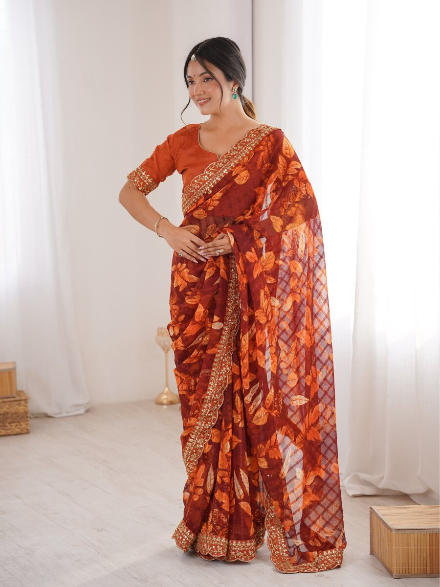 Orange Premium Georgette Chiffon Embroidery Sequins Flower Printed Wedding Reception Party Festival Casual Heavy Border Sarees