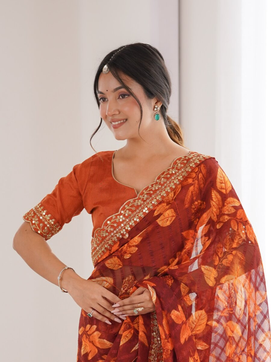 Orange Premium Georgette Chiffon Embroidery Sequins Flower Printed Wedding Reception Party Festival Casual Heavy Border Sarees