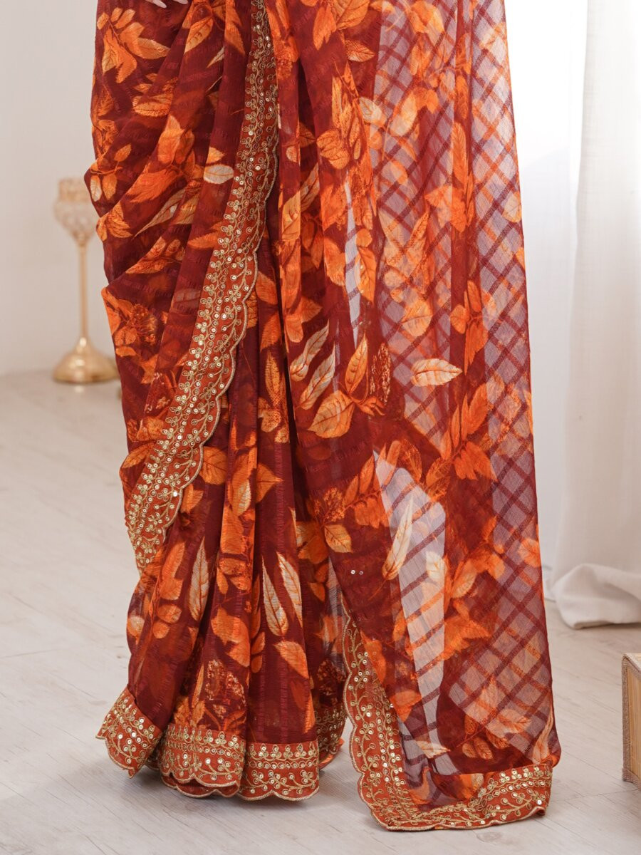 Orange Premium Georgette Chiffon Embroidery Sequins Flower Printed Wedding Reception Party Festival Casual Heavy Border Sarees