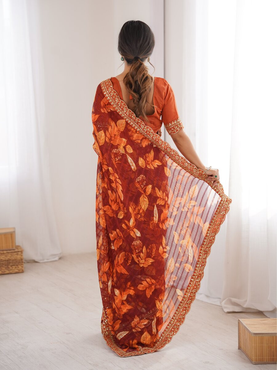 Orange Premium Georgette Chiffon Embroidery Sequins Flower Printed Wedding Reception Party Festival Casual Heavy Border Sarees
