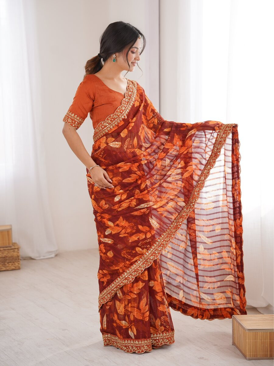 Orange Premium Georgette Chiffon Embroidery Sequins Flower Printed Wedding Reception Party Festival Casual Heavy Border Sarees