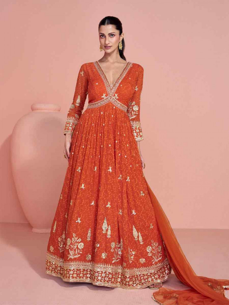 Image of Orange Premium Georgette Embroidered Festival Casual Wedding Gown Women Wear