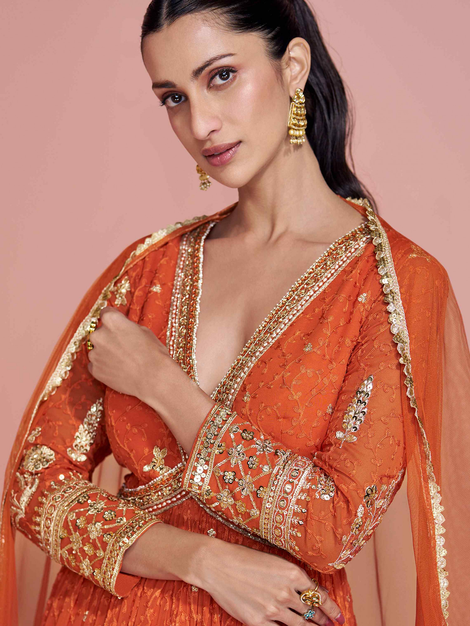 Orange Premium Georgette Embroidered Festival Casual Wedding Gown Women Wear