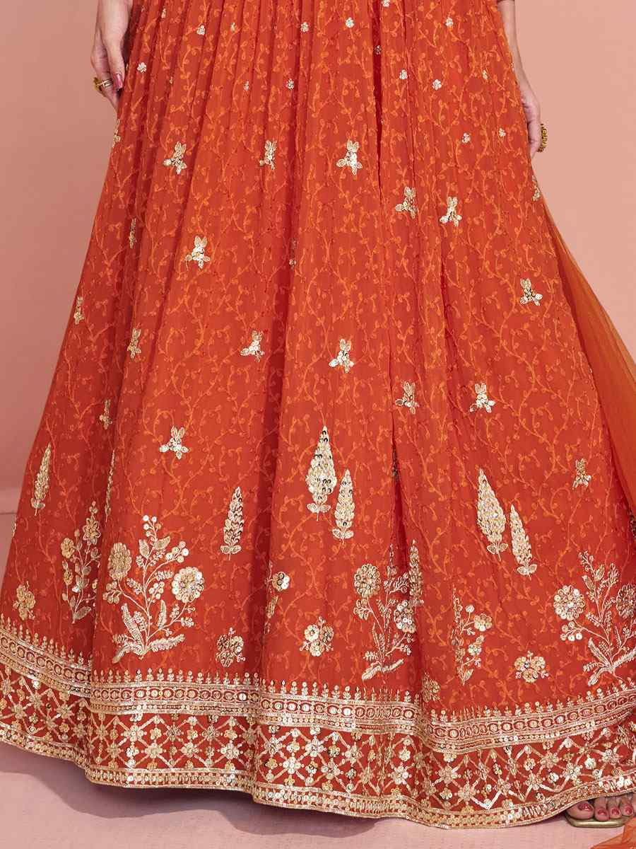 Orange Premium Georgette Embroidered Festival Casual Wedding Gown Women Wear