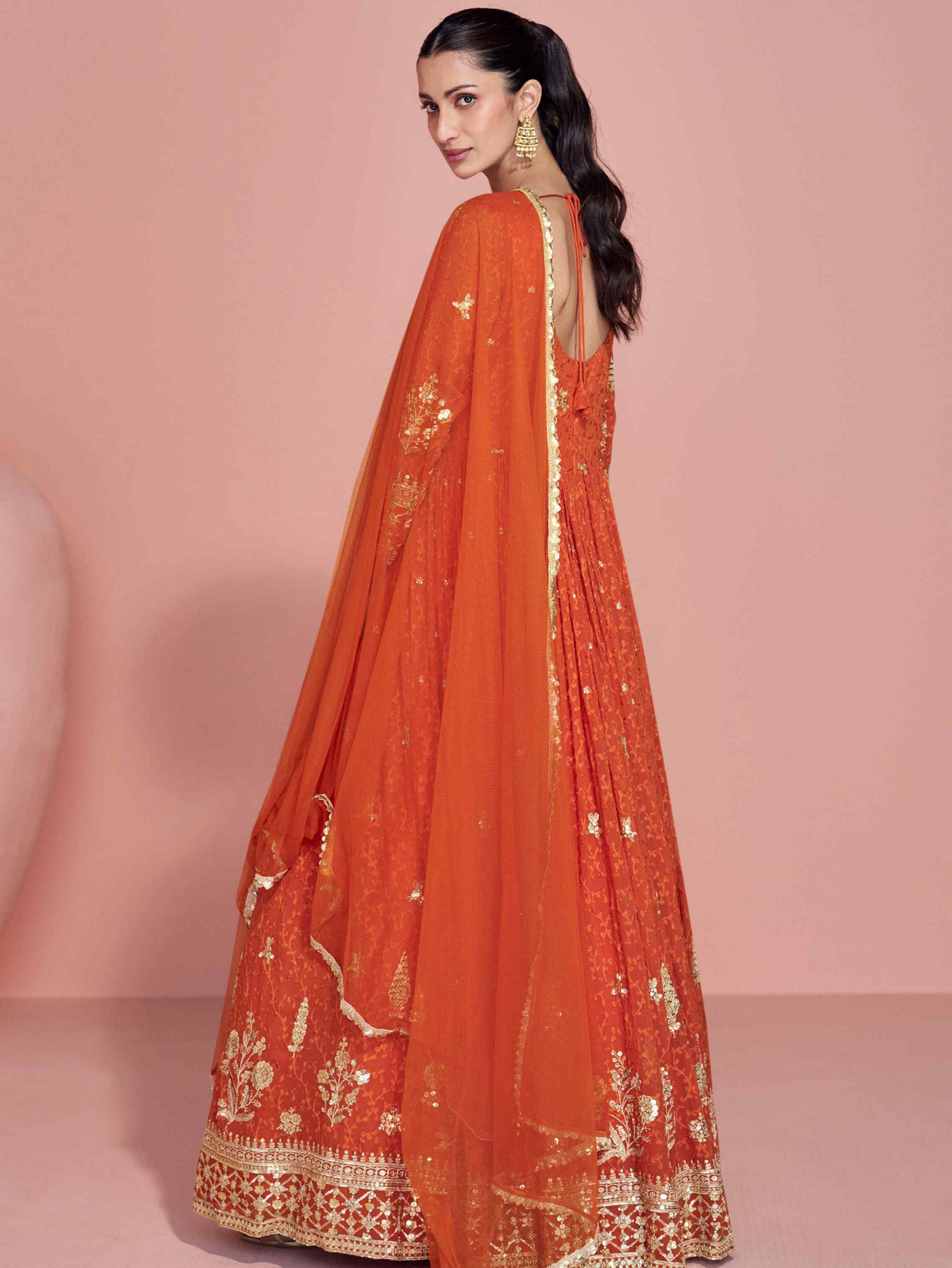Orange Premium Georgette Embroidered Festival Casual Wedding Gown Women Wear
