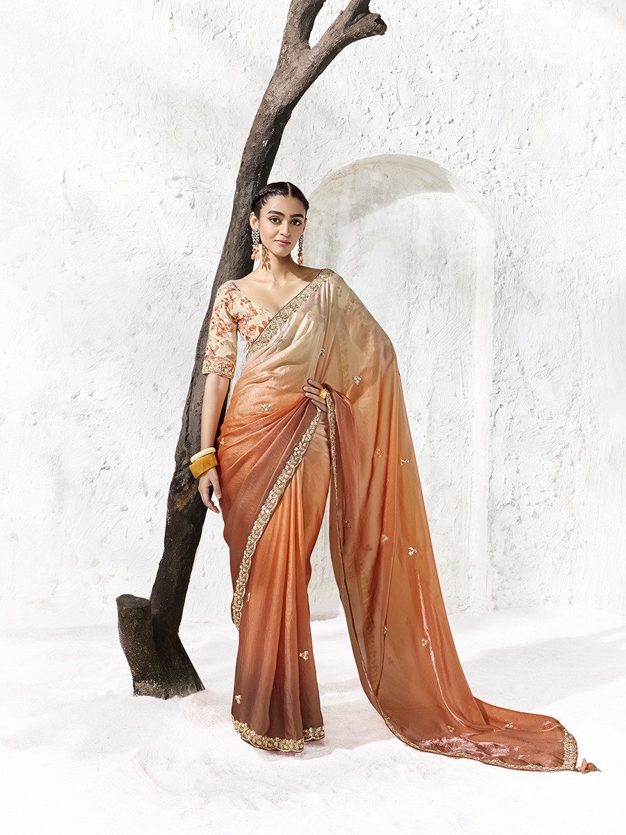 Orange Premium Luxe Silk Organza Embroidery Sequins Wedding Reception Party Festival Casual Heavy Border Sarees
