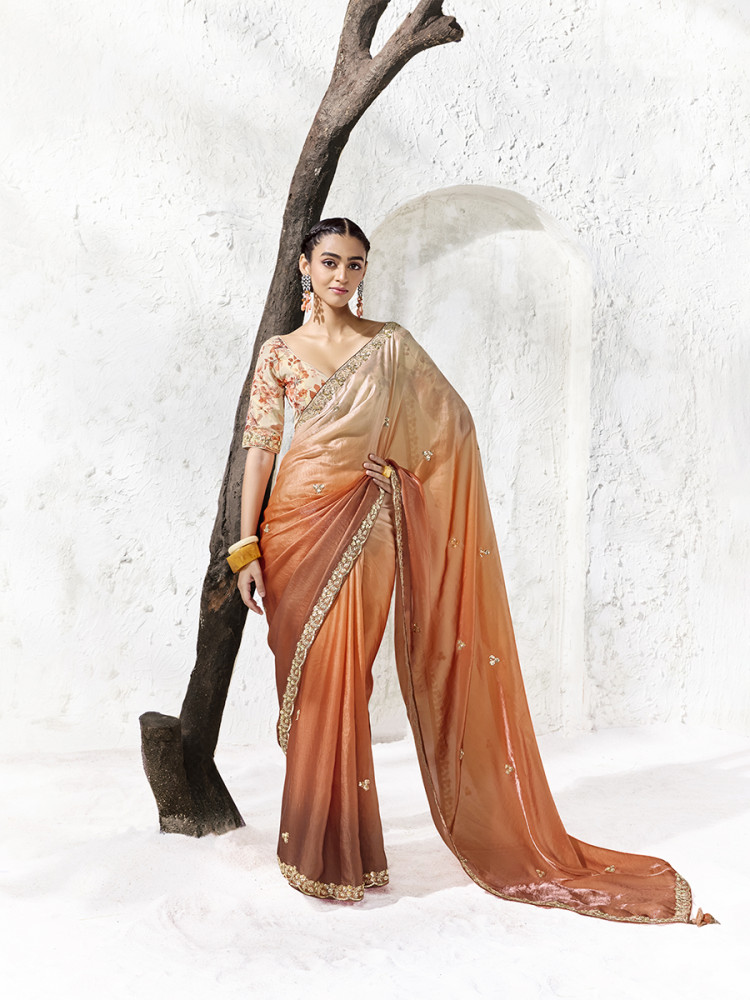 Image of Orange Premium Luxe Silk Organza Embroidery Sequins Wedding Reception Party Festival Casual Heavy Border Sarees