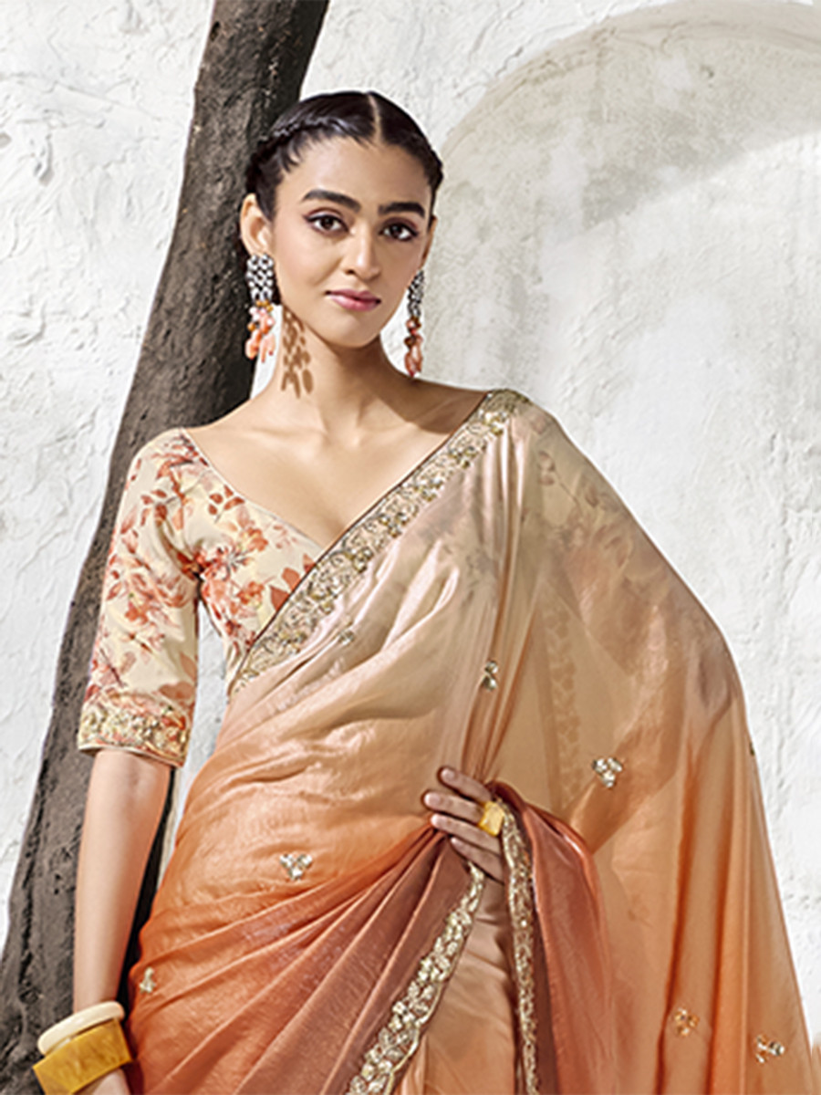 Orange Premium Luxe Silk Organza Embroidery Sequins Wedding Reception Party Festival Casual Heavy Border Sarees