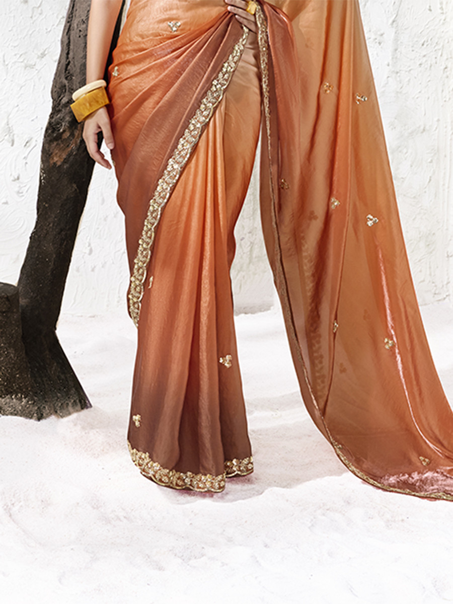 Orange Premium Luxe Silk Organza Embroidery Sequins Wedding Reception Party Festival Casual Heavy Border Sarees