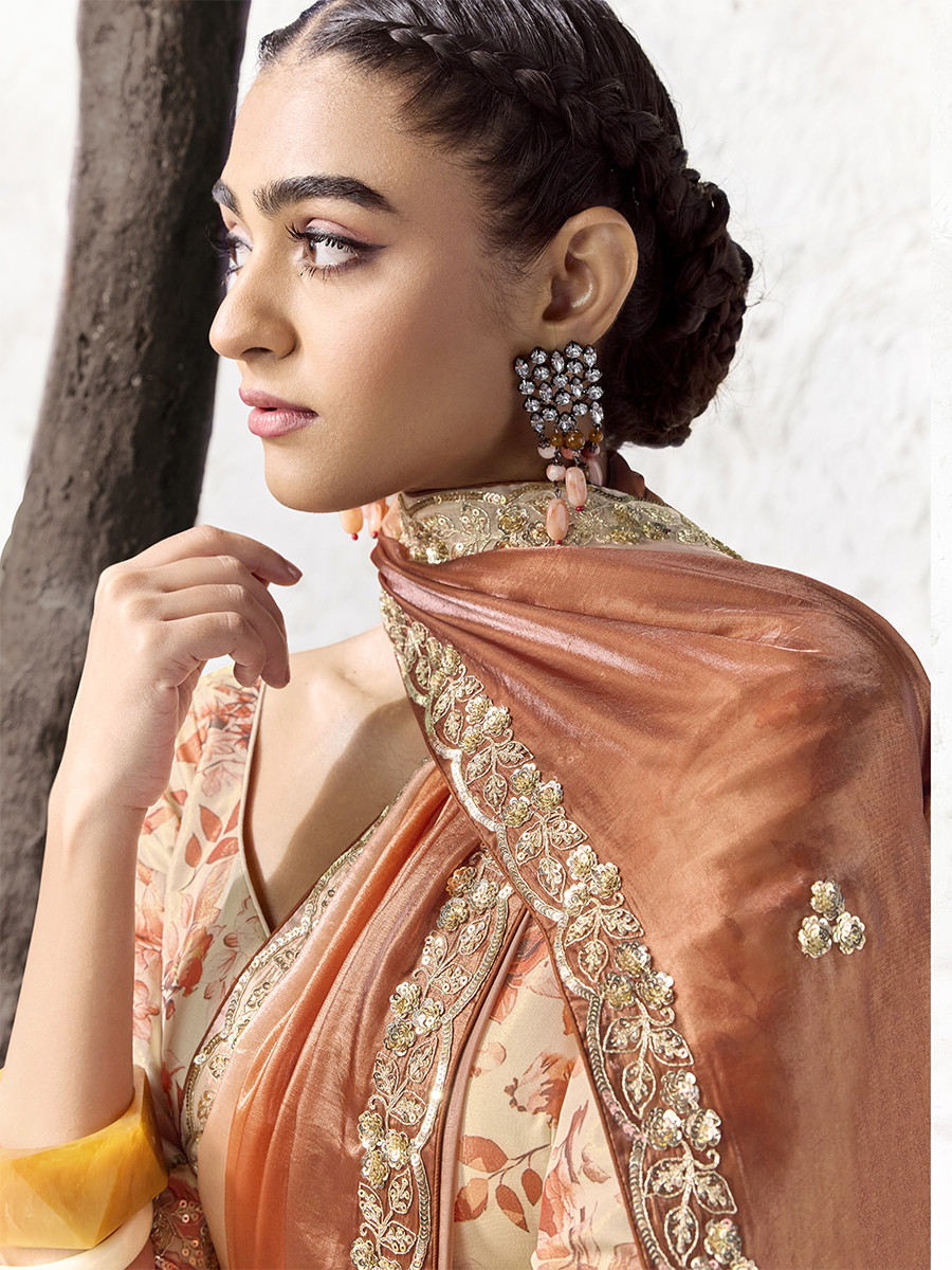 Orange Premium Luxe Silk Organza Embroidery Sequins Wedding Reception Party Festival Casual Heavy Border Sarees