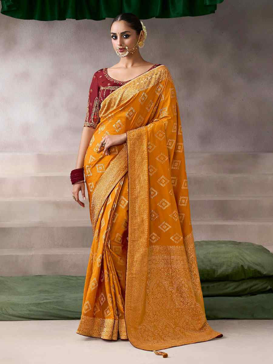 Orange Premium Pure Crepe Zari Handwoven Embroidery Bridal Reception Festival Wedding Fancy Heavy Border Sarees