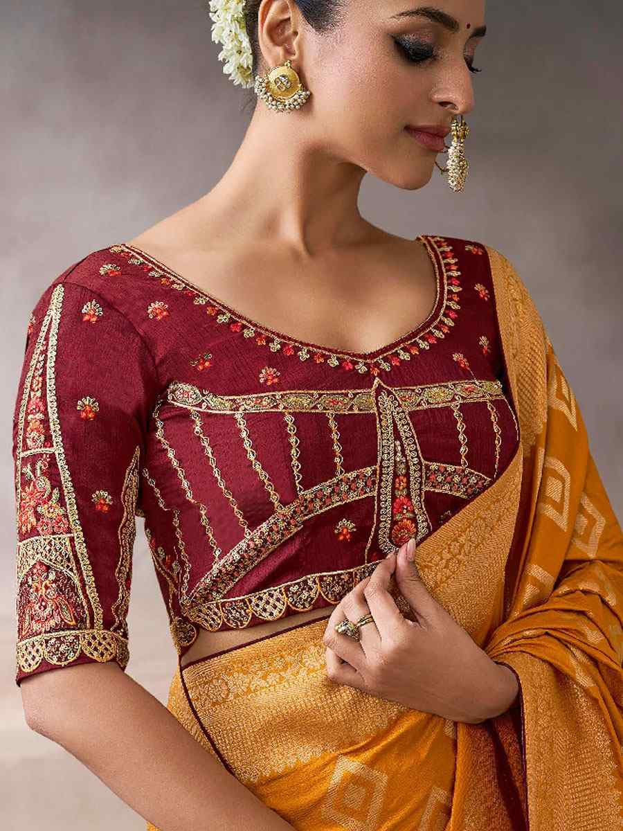 Orange Premium Pure Crepe Zari Handwoven Embroidery Bridal Reception Festival Wedding Fancy Heavy Border Sarees