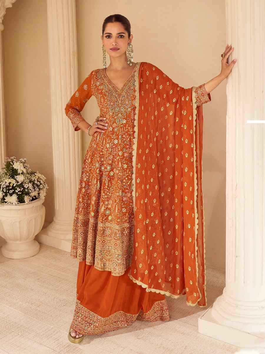 Orange Premium Real Gerogette Embroidered Party Wedding Ready Palazzo Pant Salwar Kameez