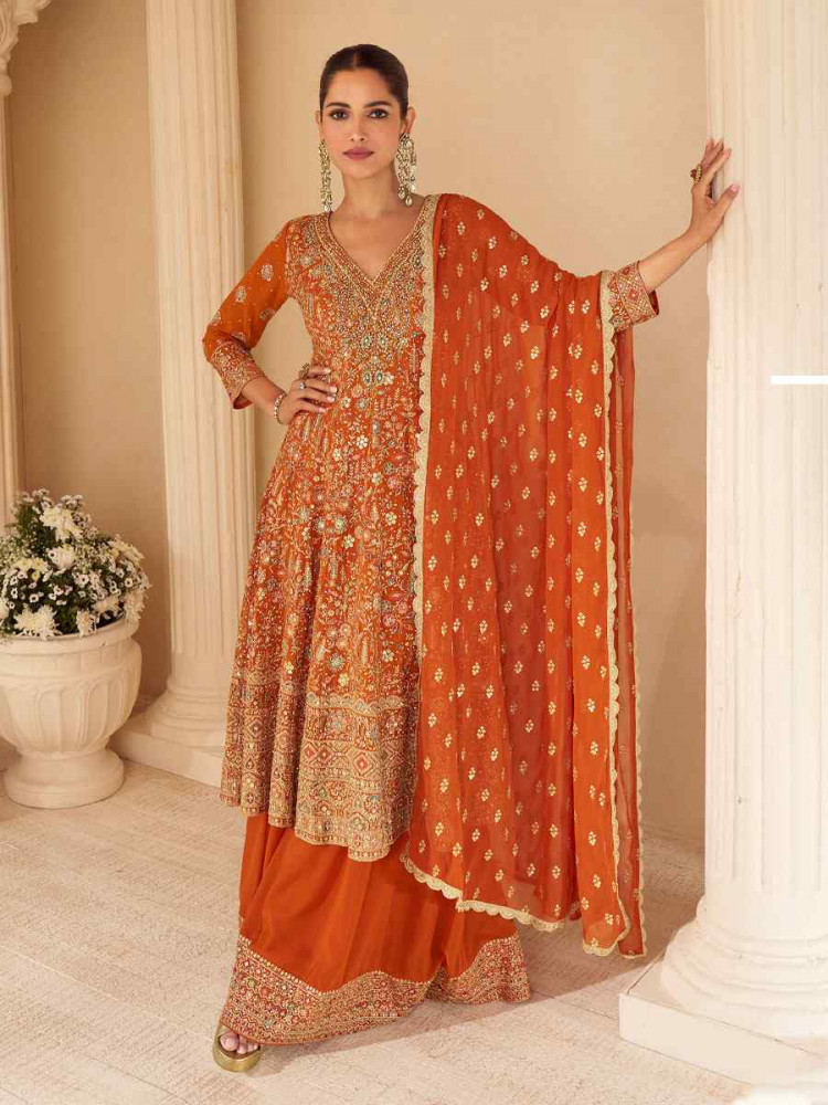 Image of Orange Premium Real Gerogette Embroidered Party Wedding Ready Palazzo Pant Salwar Kameez