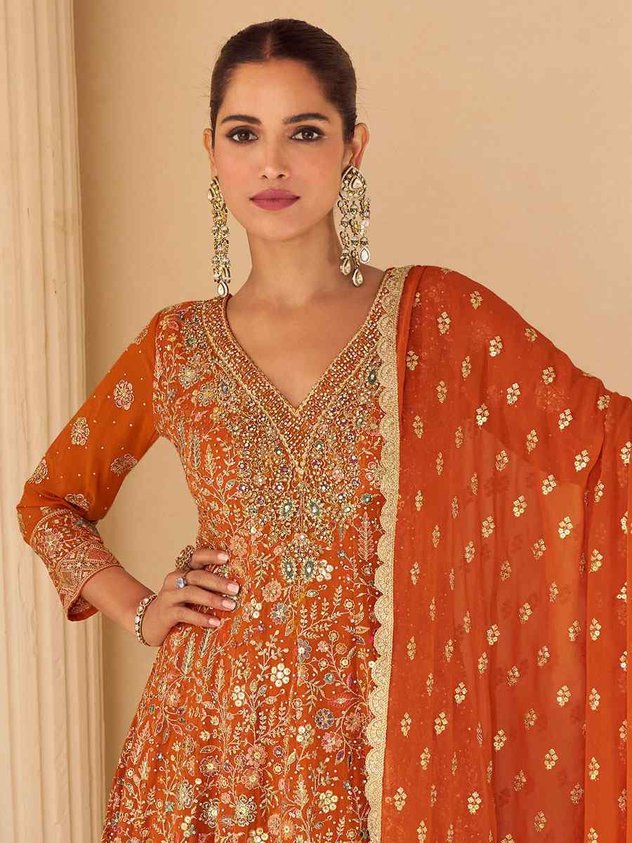 Orange Premium Real Gerogette Embroidered Party Wedding Ready Palazzo Pant Salwar Kameez