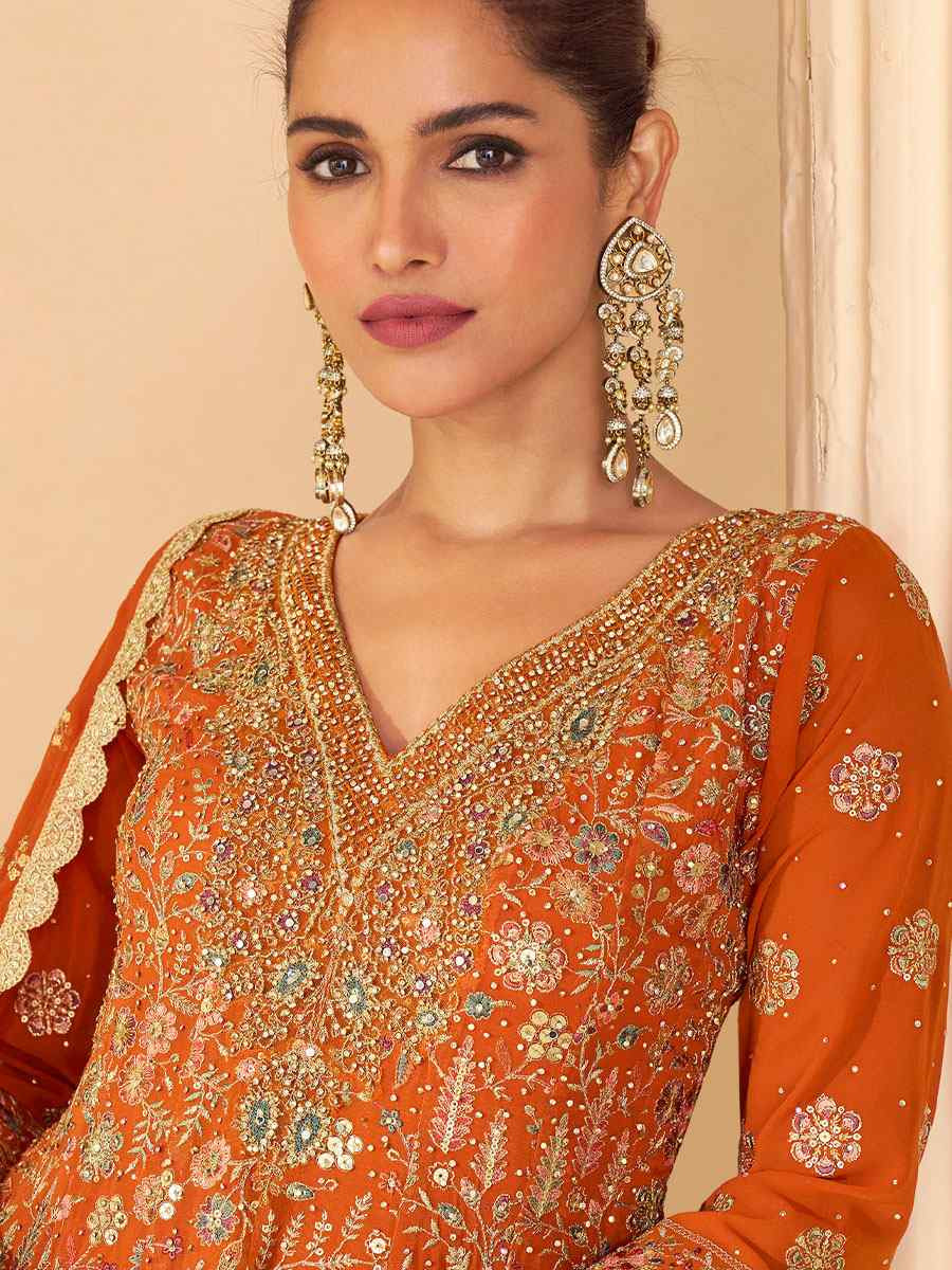 Orange Premium Real Gerogette Embroidered Party Wedding Ready Palazzo Pant Salwar Kameez