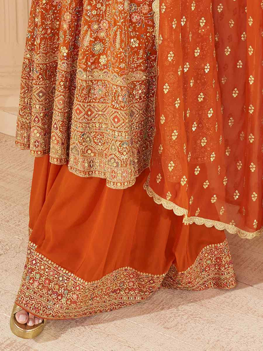 Orange Premium Real Gerogette Embroidered Party Wedding Ready Palazzo Pant Salwar Kameez