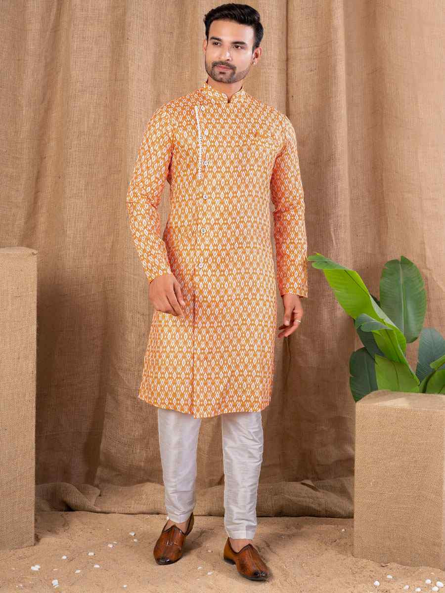 Orange Printed Cotton Silk Embroidery Festival Wedding Party Mens Kurta