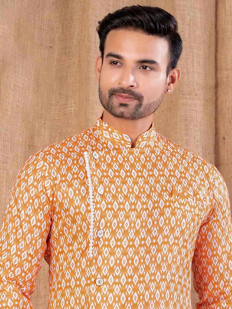 Orange Printed Cotton Silk Embroidery Festival Wedding Party Mens Kurta