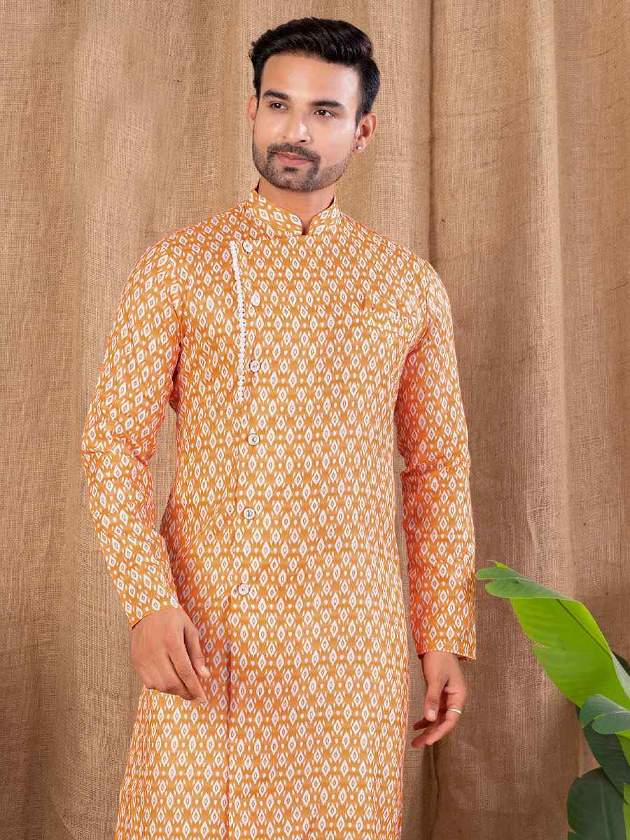 Orange Printed Cotton Silk Embroidery Festival Wedding Party Mens Kurta