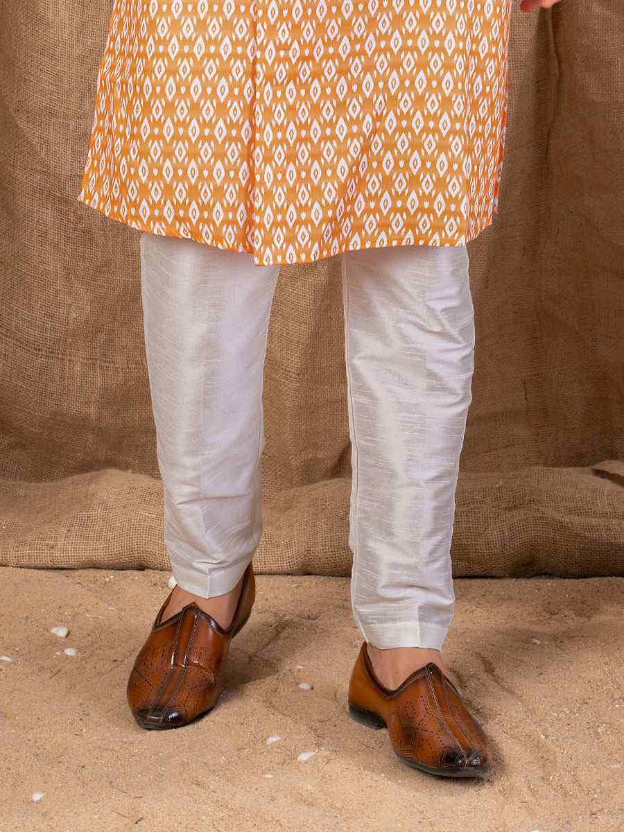 Orange Printed Cotton Silk Embroidery Festival Wedding Party Mens Kurta