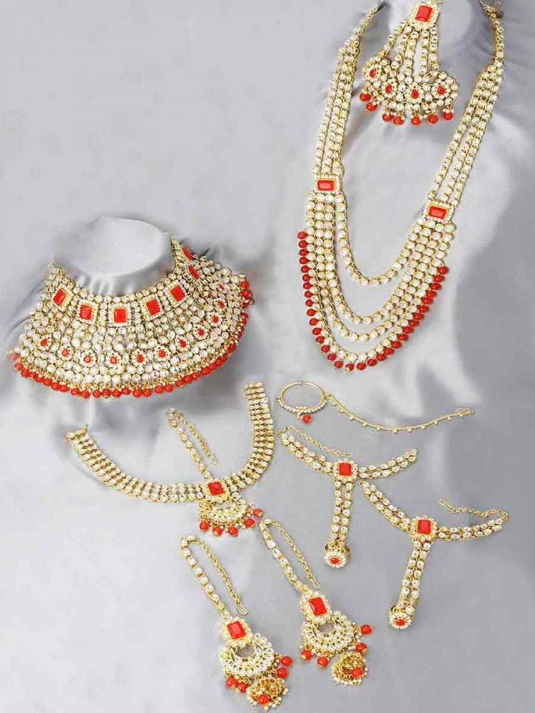 Orange Pure Brass Festival Wear Kundan Bridal Sets