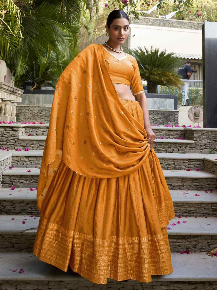 Image of Orange Pure Chanderi Embroidery Wedding Reception Festival Heavy Border Lehenga Choli