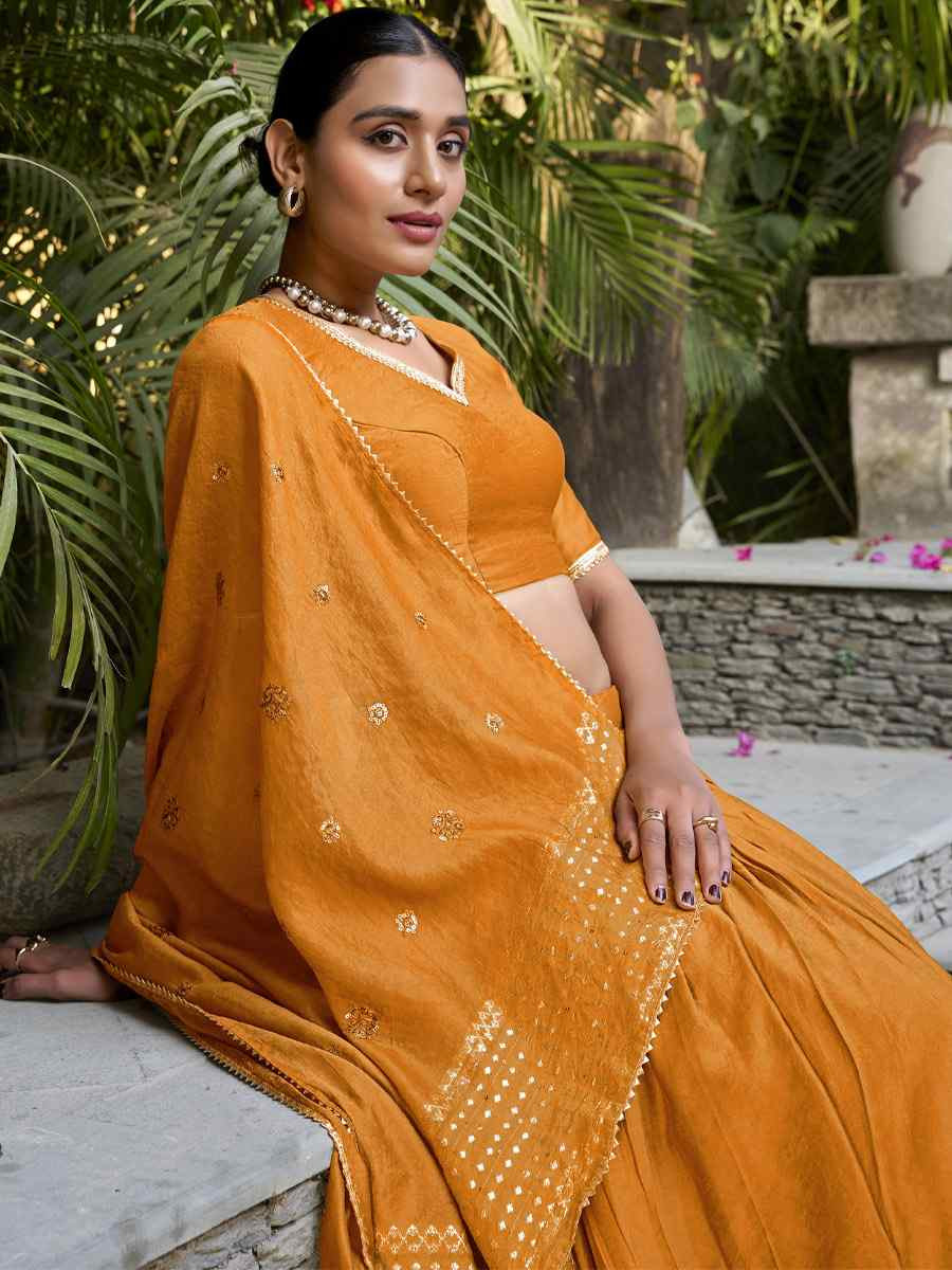 Orange Pure Chanderi Embroidery Wedding Reception Festival Heavy Border Lehenga Choli