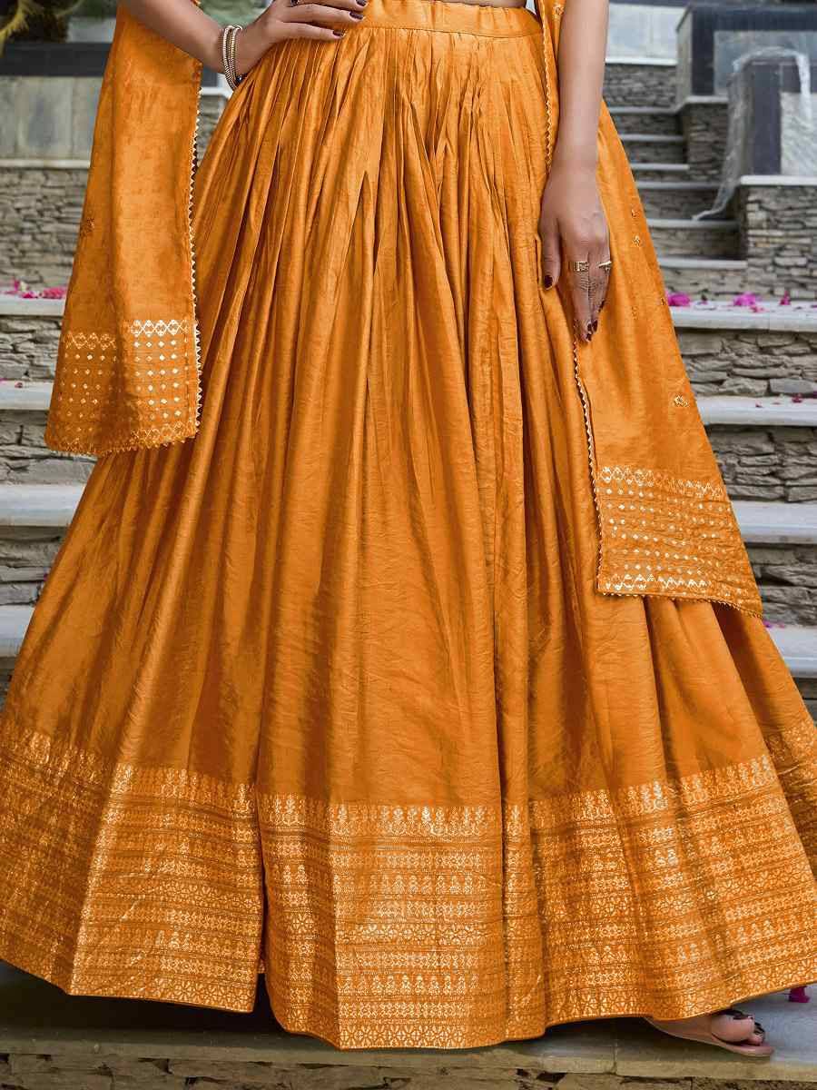 Orange Pure Chanderi Embroidery Wedding Reception Festival Heavy Border Lehenga Choli