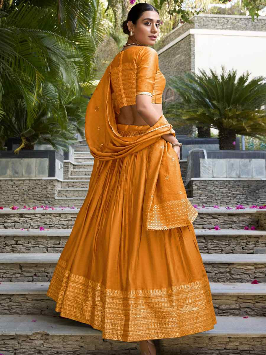 Orange Pure Chanderi Embroidery Wedding Reception Festival Heavy Border Lehenga Choli