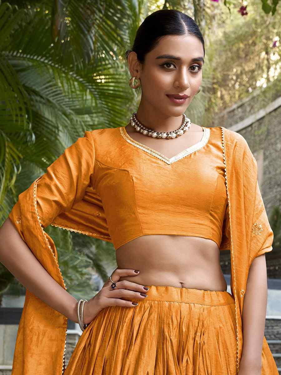 Orange Pure Chanderi Embroidery Wedding Reception Festival Heavy Border Lehenga Choli