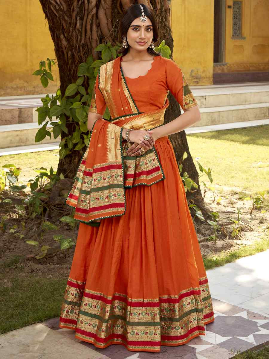 Orange Pure Chanderi Zari Handwoven Wedding Reception Festival Heavy Border Lehenga Choli