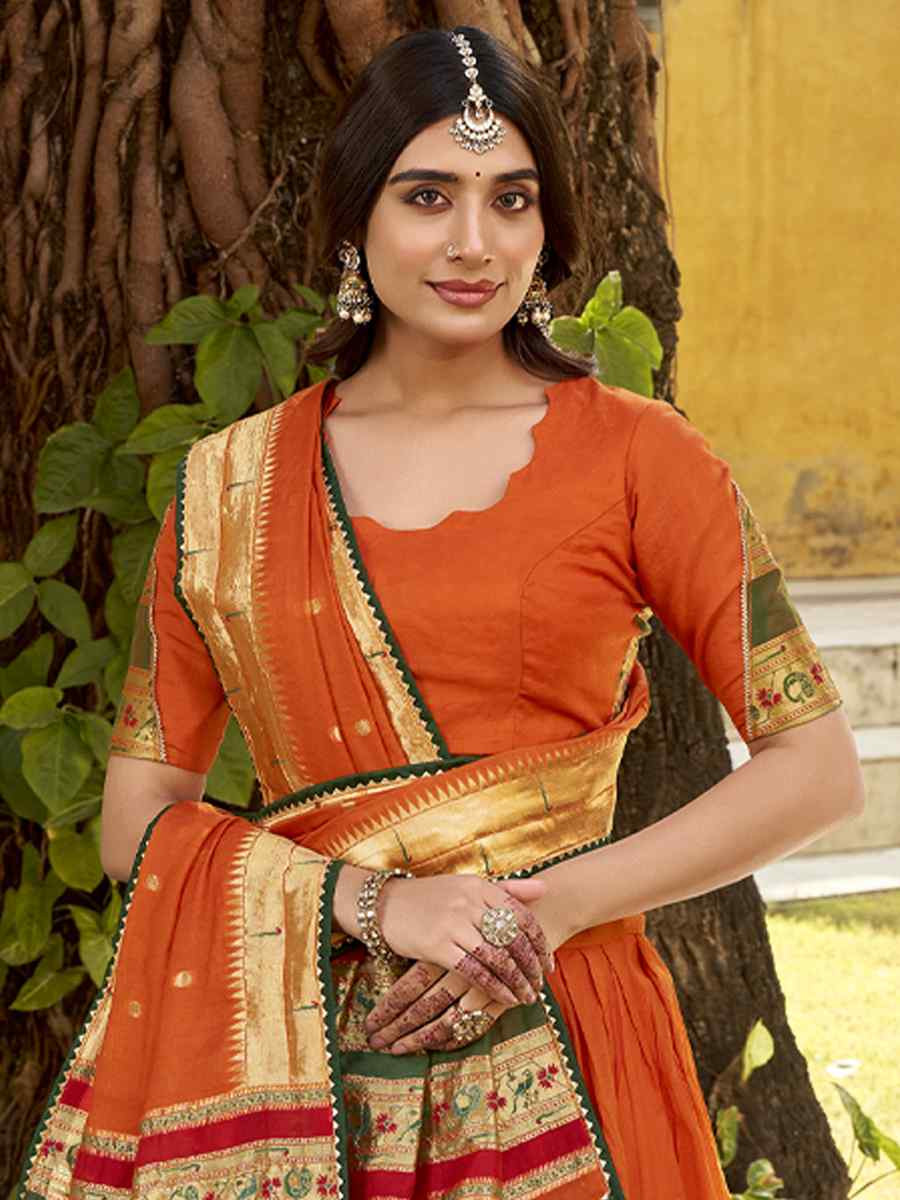Orange Pure Chanderi Zari Handwoven Wedding Reception Festival Heavy Border Lehenga Choli