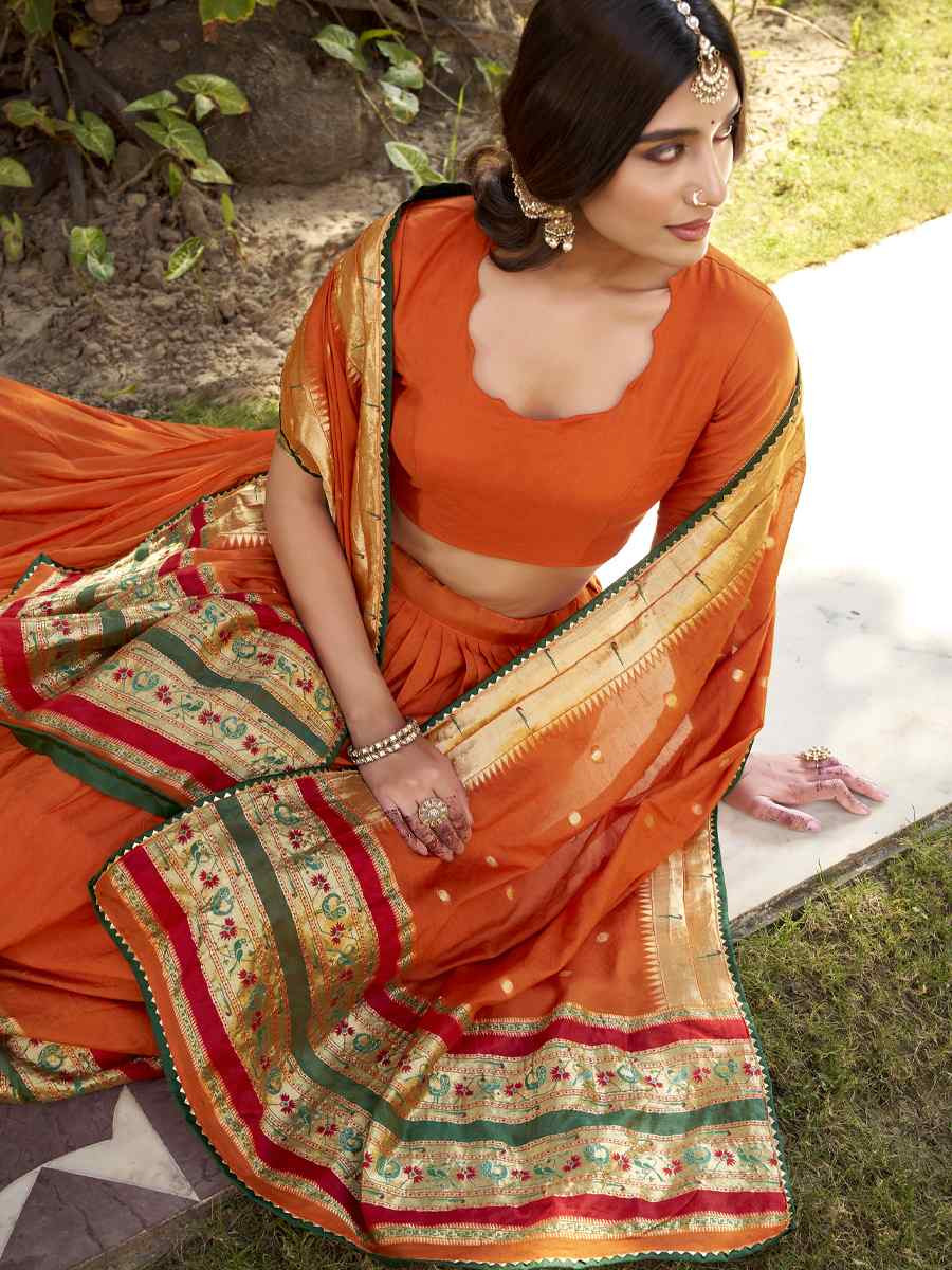 Orange Pure Chanderi Zari Handwoven Wedding Reception Festival Heavy Border Lehenga Choli
