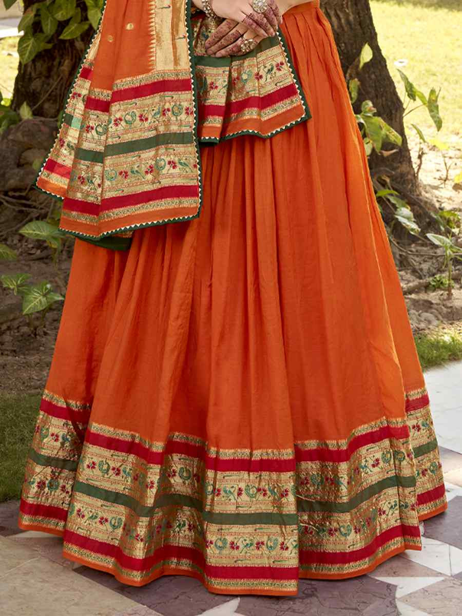 Orange Pure Chanderi Zari Handwoven Wedding Reception Festival Heavy Border Lehenga Choli