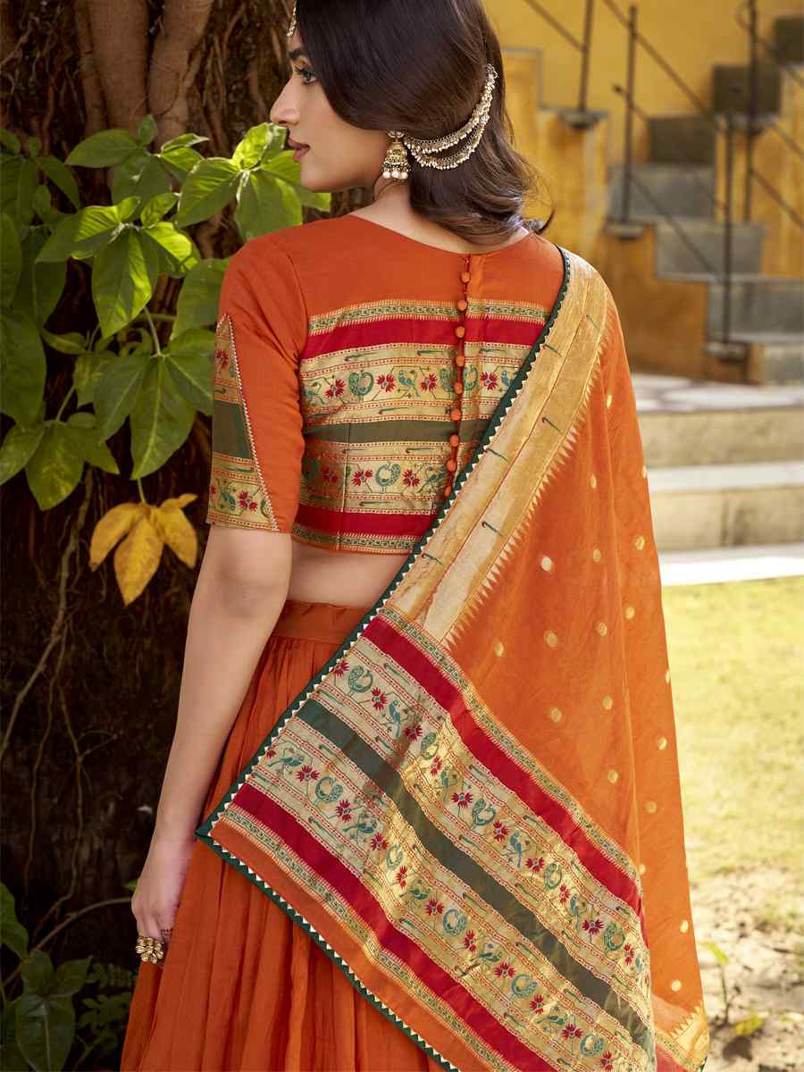 Orange Pure Chanderi Zari Handwoven Wedding Reception Festival Heavy Border Lehenga Choli