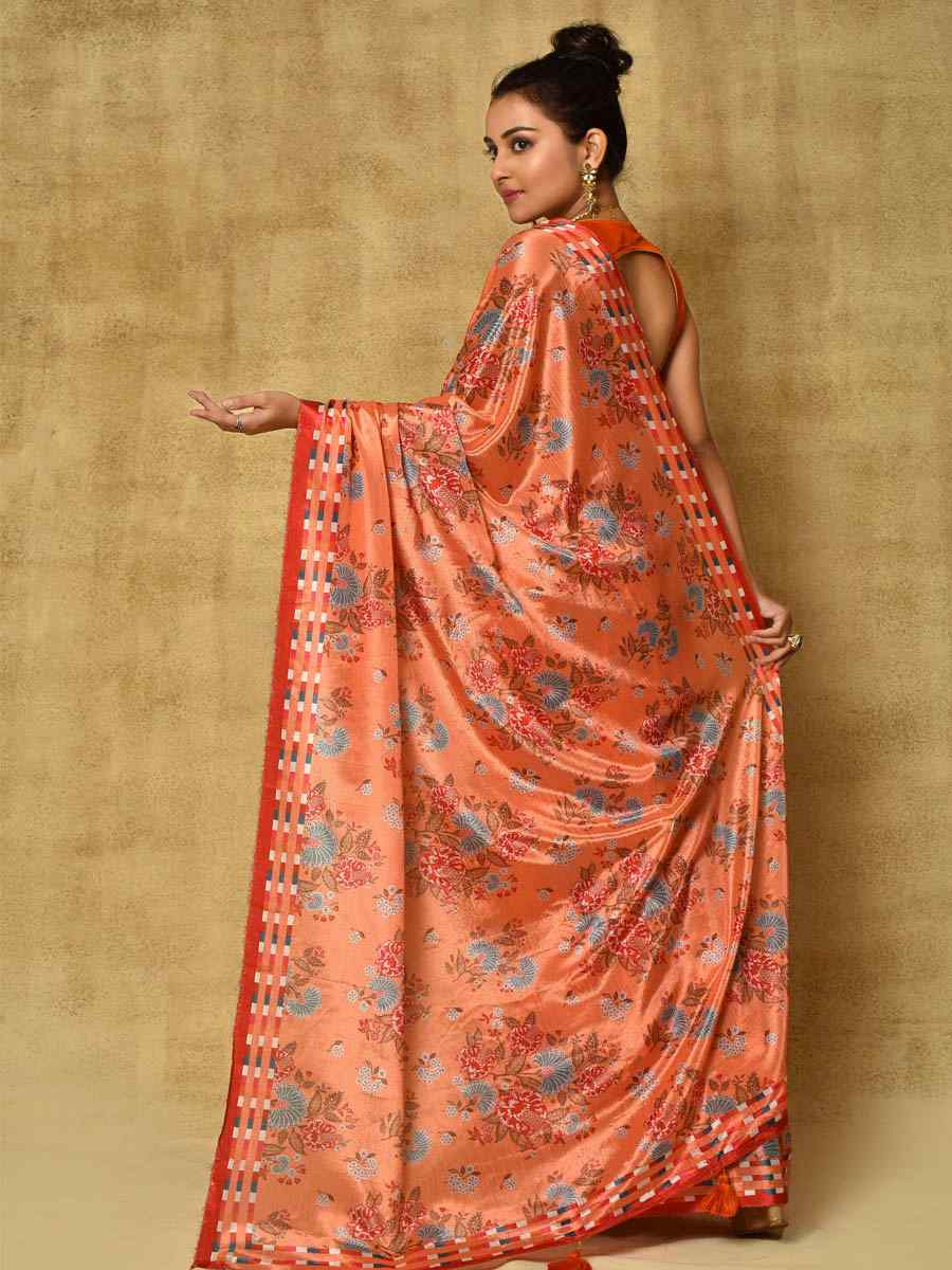 Orange Pure Chinon Printed Party Festival Contemporary Saree
