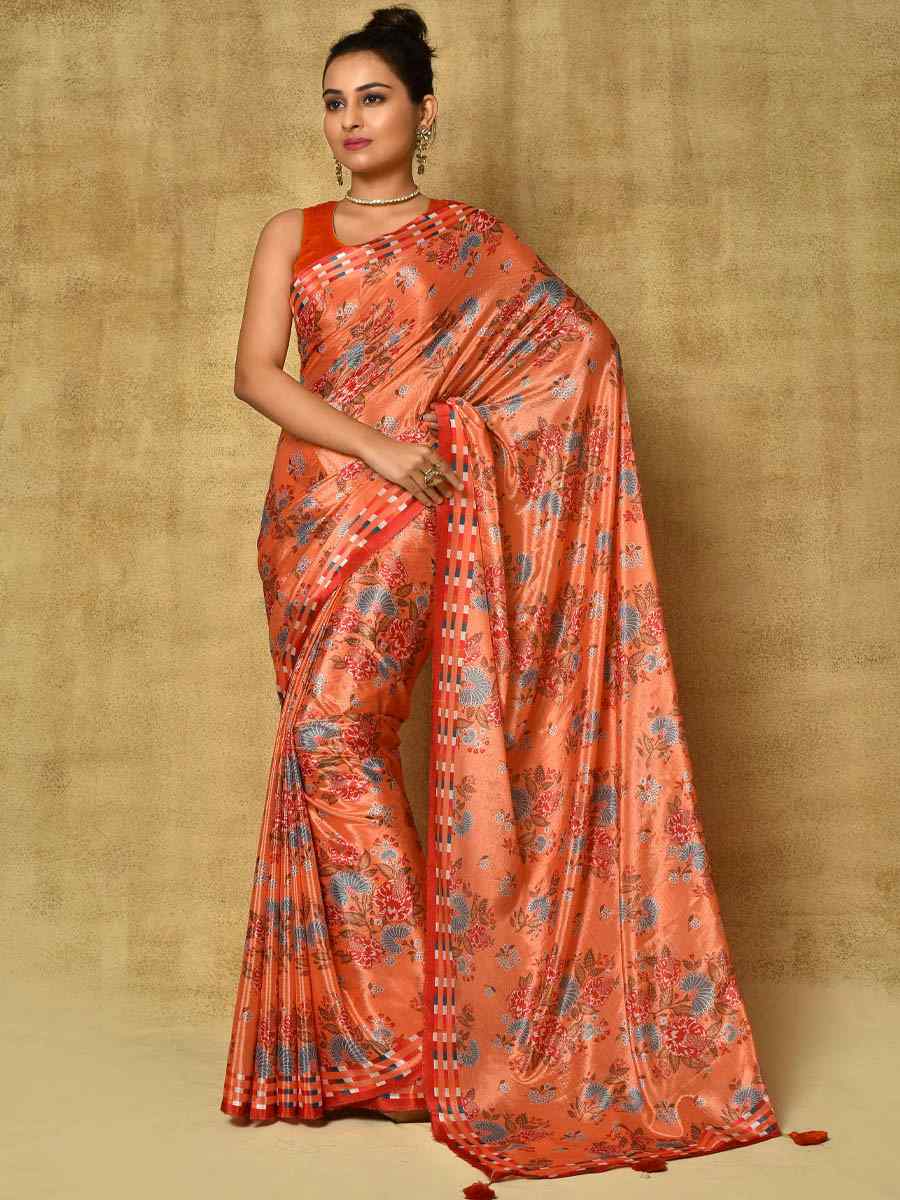 Orange Pure Chinon Printed Party Festival Contemporary Saree