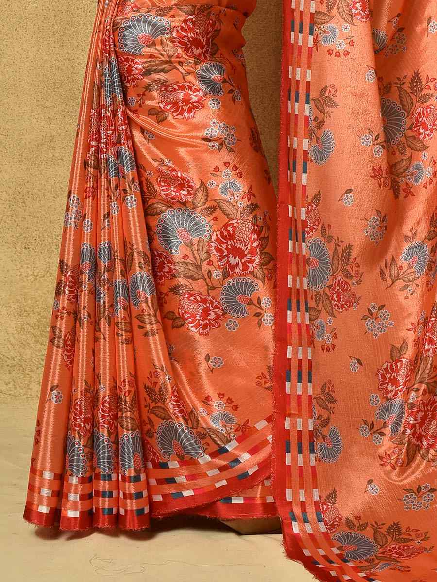 Orange Pure Chinon Printed Party Festival Contemporary Saree