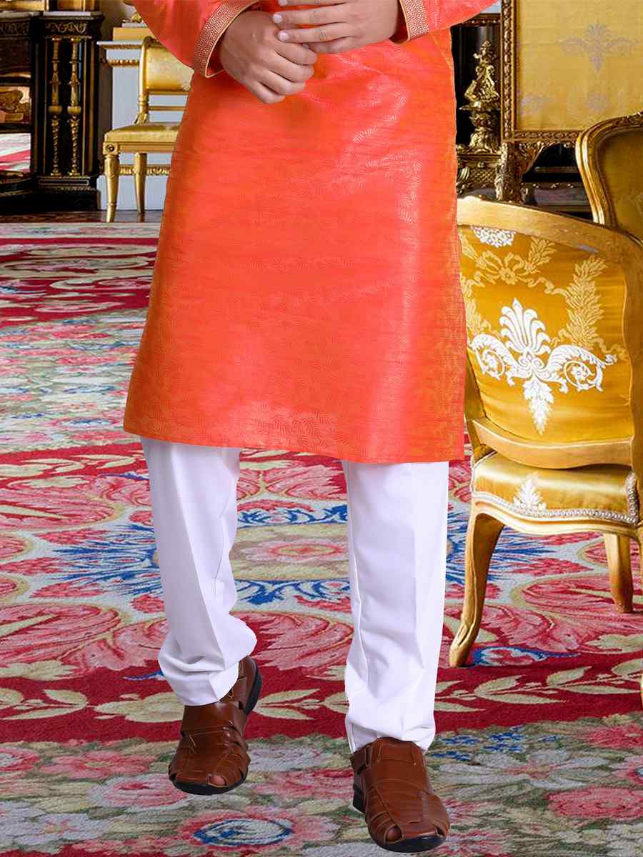 Orange Pure Cotton Jacquard Woven Festival Kurta