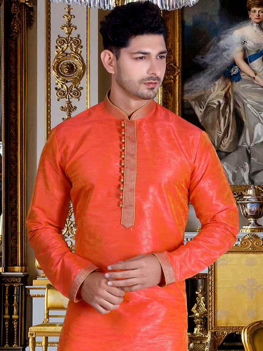 Orange Pure Cotton Jacquard Woven Festival Kurta