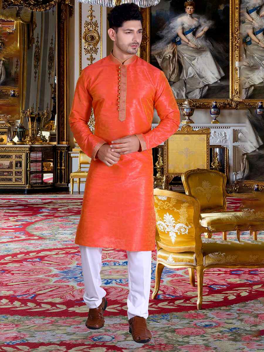 Orange Pure Cotton Jacquard Woven Festival Kurta