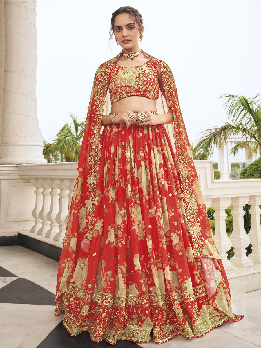 Orange Pure Faux Georgette Embroidered Wedding Festival Circular Lehenga Choli