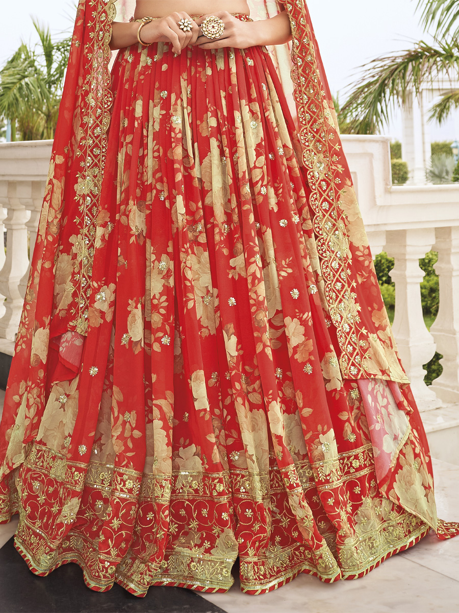 Orange Pure Faux Georgette Embroidered Wedding Festival Circular Lehenga Choli